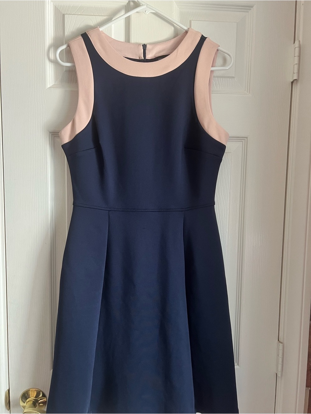 Sleeveless Navy Dress with Blush Contrast Trim by